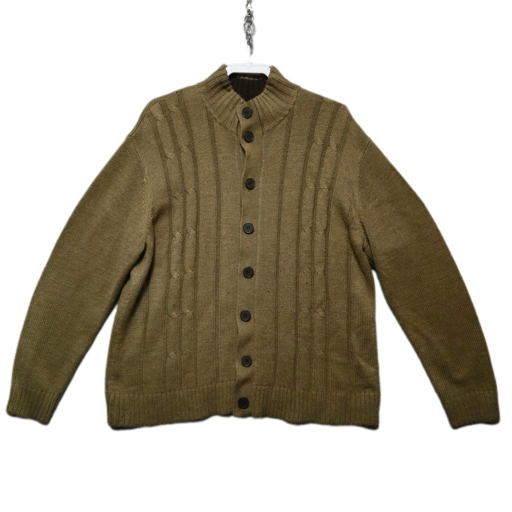 Oscar de la Renta Mens XL Green Cardigan Sweater Button Front Mock Neck Knit
